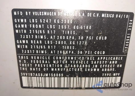 2018 Volkswagen Tiguan 2.0T S из США, поврежденный, VIN 3VV1B7AX8JM156869